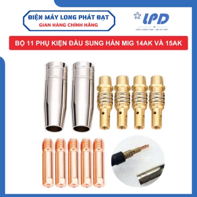 Bộ 11 phụ kiện máy hàn MIG gồm béc hàn/chụp hàn và khớp nối súng hàn